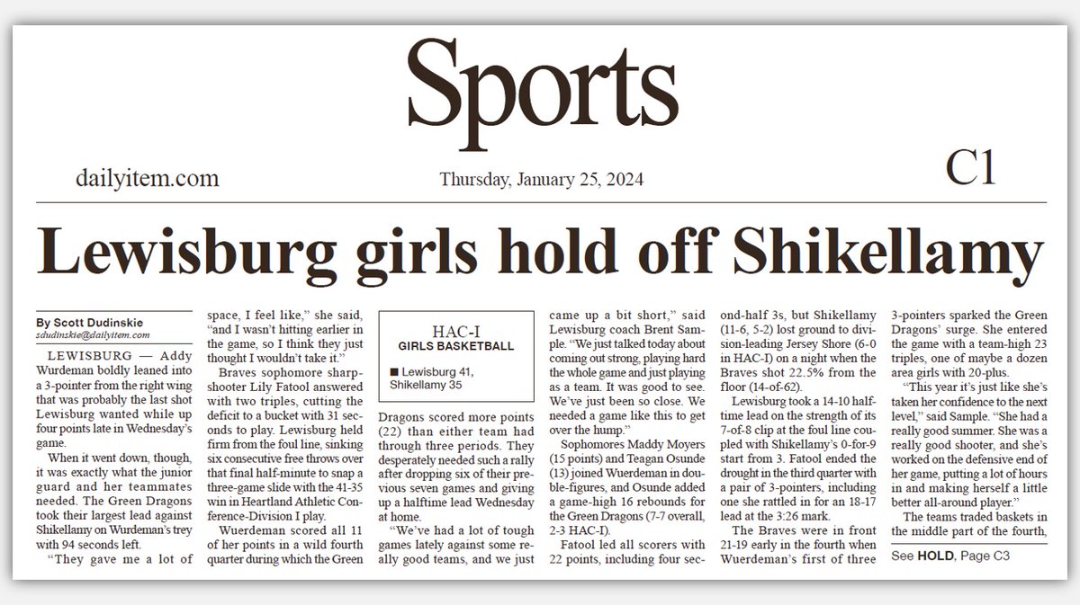 LBG_GirlsBball's tweet photo. “Lewisburg girls hold off Shikellamy" - by @ScottDudinskie @dailyitemsports

#LBGMediaCoverage | #DragonProud | #GoDragons 🐉 https://t.co/tOAyAF7uMh