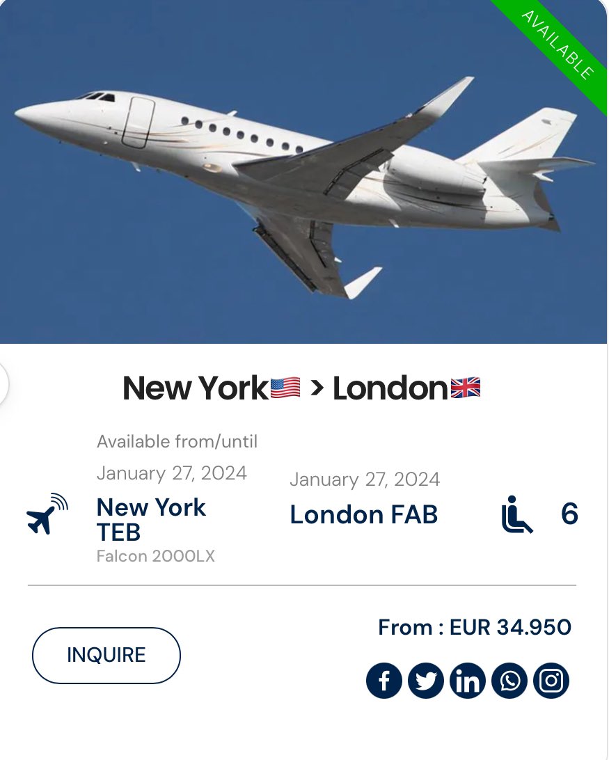 ⚠️ EMPTY LEG ⚠️
New York🇺🇸 > London🇬🇧
27 January 2024

#PrivateJetDeals #privatejet #jetcharter #LastMinuteJet #JetSetLife #LuxuryTravelDeals #emptyleg #follow #Newyork #NYC #londoncity #travel #luxury #business #london
