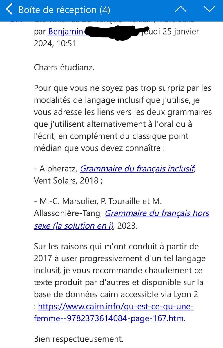 🚨 Voici le mail qu'ont reçu aujourd'hui les étudiants de Lyon 2 en Droit de la famille. Écriture inclusive, mots inventés... 

Nous étions déjà intervenus l'année passée lorsque ce même professeur avait écrit un sujet de partiel intégralement en écriture inclusive.
