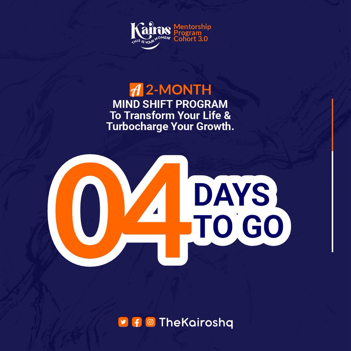 Thekairoshq's tweet photo. IT’S FOUR DAYS TO THE KAIROS MENTORSHIP PROGRAM 3.0
How quickly the days go by, we must move and act as quickly as it does to make the most out of our days.
Get in here and get your identity, personal growth, and societal impact goals right.
Click the link in our bio to get it! https://t.co/gSE2mWKV6t