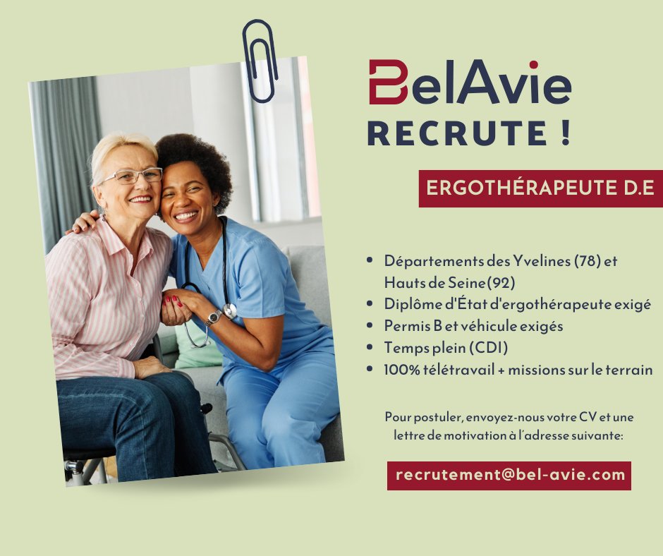 ❗BelAvie recrute 

Nous recherchons un(e) ergothérapeute DE pour un contrat en CDI dans les Yvelines (78) ou les Hauts-de-Seine (92). Vous pouvez retrouver la fiche de poste ci-jointe : buff.ly/42bT4EB