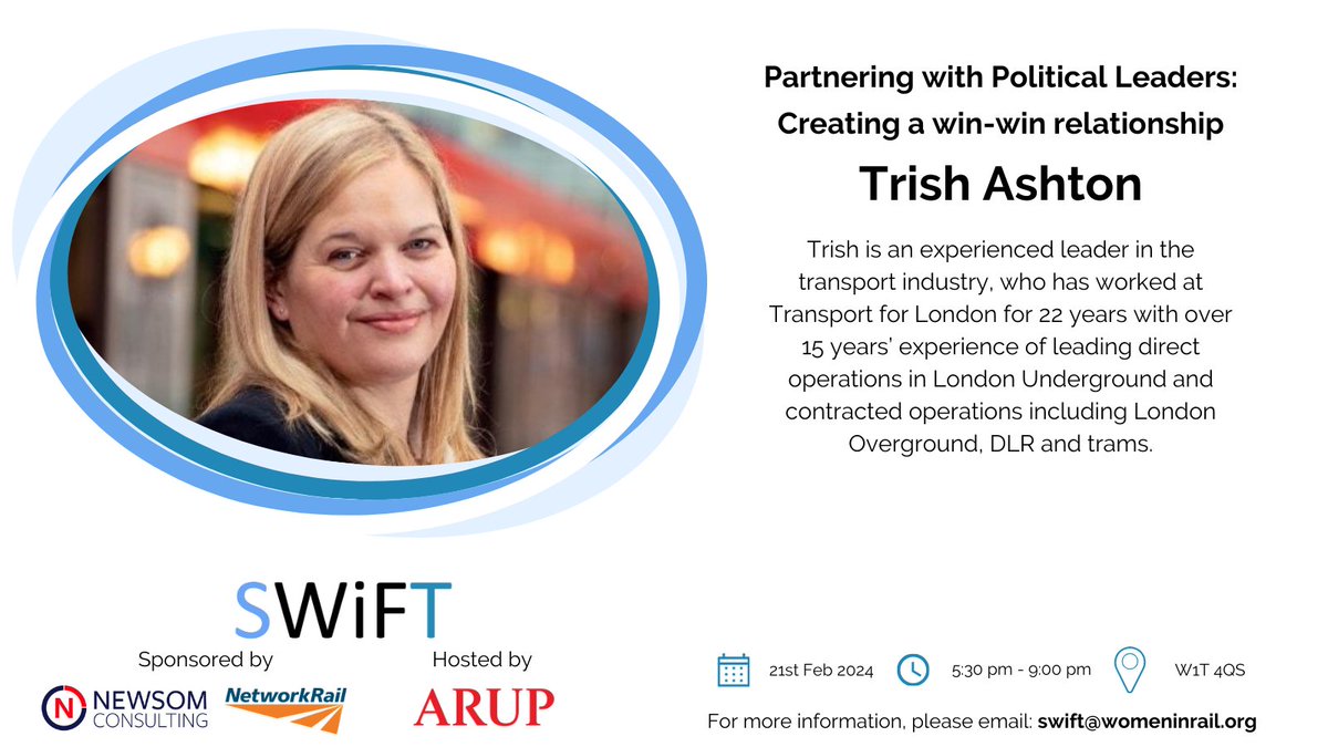 Gain invaluable insights from Trish's expertise. To secure your spot, email swift@womeninrail.org. Don't miss this opportunity for valuable insights! #SWiFTEvent #PoliticalPartnership