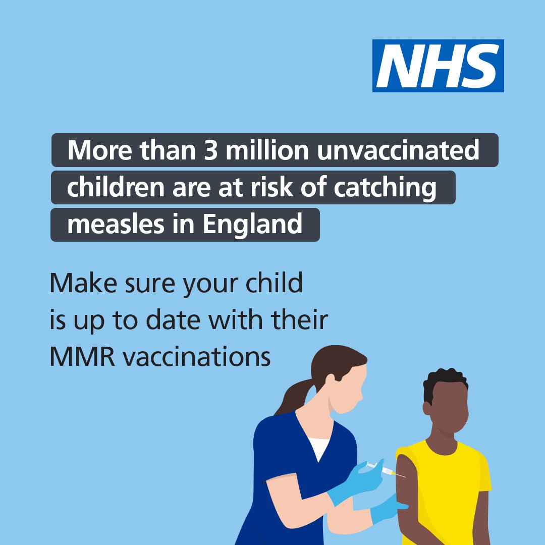 ⚠️Measles is highly infectious and can be passed on even before a rash appears.

Make sure your child is protected from becoming seriously unwell from measles by making sure they are up to date with their MMR (measles, mumps and rubella) vaccinations.💉

➡️nhs.uk/conditions/vac…