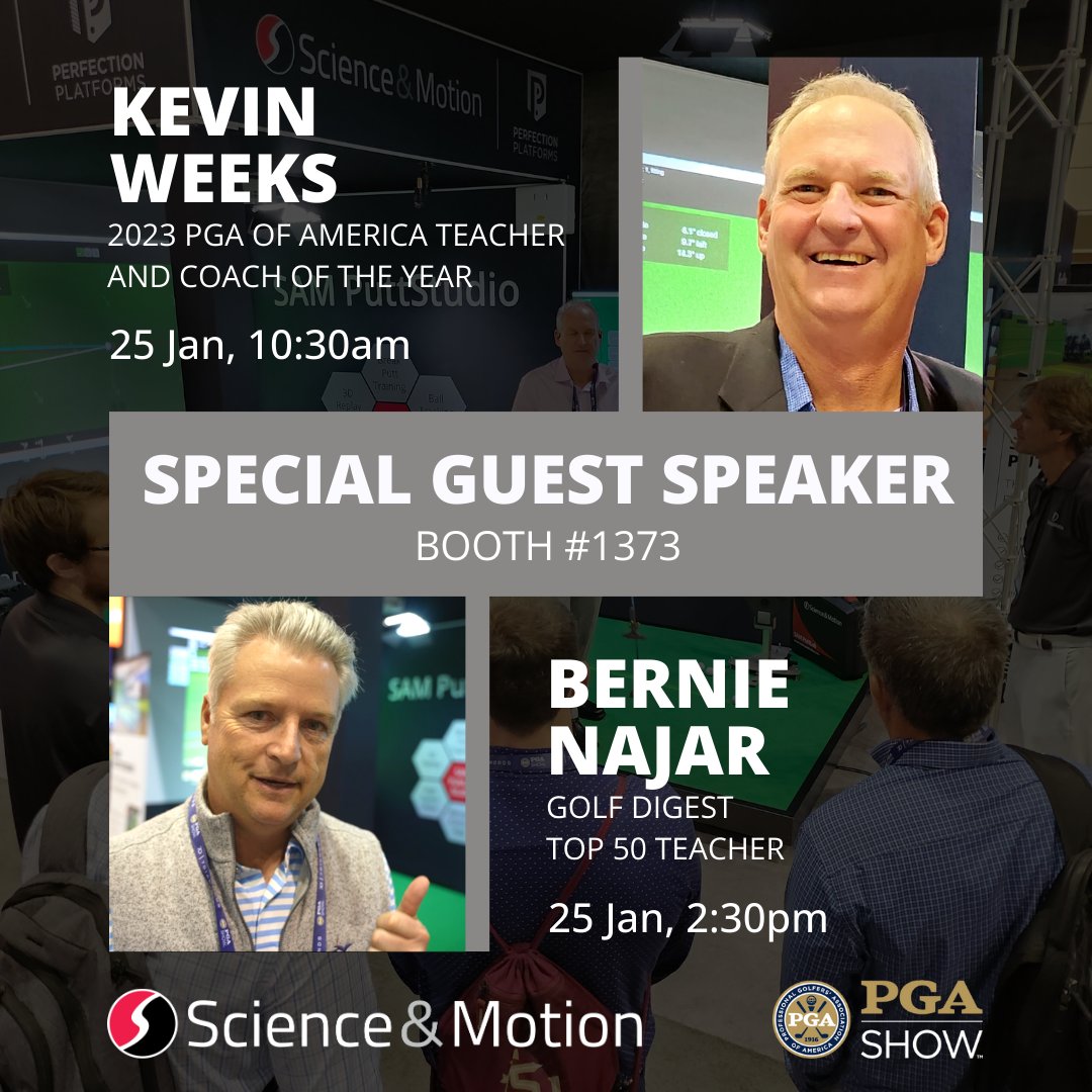 📣@kevinweeksgolf (2023 @PGA Teacher of the Year) will give a live presentation at our @PGAShow #pgashow2024 booth (1373) today. And @BernieNajarGolf will talk about training speed & launch direction in the #samputtstudio⛳👨‍🎓👌 Don't miss out!🔥 #samprojection #samputtlab