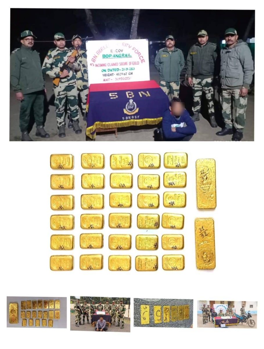 IQueenBee2's tweet photo. BSF foiled 3 attempts to smuggle gold in 4 days, and seized a total of 15.5 kg worth Rs 10 crore.
#AlertBSF #IndoBangladeshBorder #BSFseizedGold #HTFVLW #RepublicDay https://t.co/zxQIDV1mfR