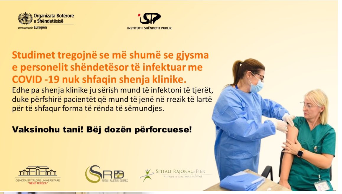 SpitaliD's tweet photo. BAZUAR NË EVIDENCA: Një studim i kryer në Shqipëri dhe i publikuar në revistën shkencore “Lancet Regional health” (2023) gjeti se 55% e personelit shëndetësor kishin patur infeksione nga SARS-CoV 2 pa shenja klinike.
 
#VaksinatVeprojnë
#MbroVeten
#MundViruset https://t.co/WIx1ItGwx9