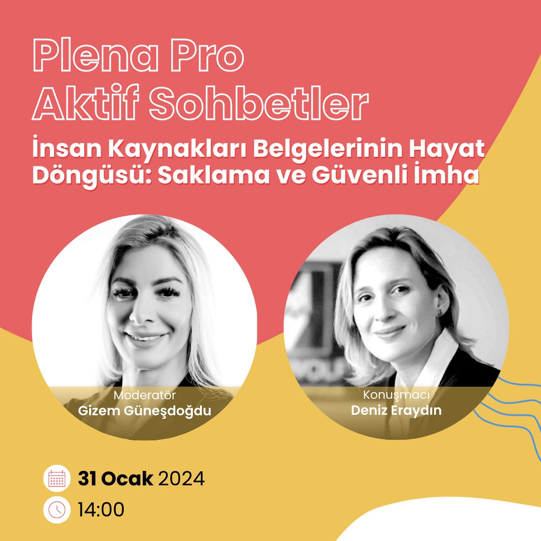 31 Ocak saat 14:00'da "İnsan Kaynakları Belgelerinin Hayat Döngüsü: Saklama ve Güvenli İmha" konulu webinarımızı kaçırmayın! Gizem Güneşdoğdu moderatörlüğünde, Deniz Eraydın'ın değerli görüşlerini paylaşacağı sohbetimize sizleri de bekliyoruz.
#plenapro #plenaproaktifsohbetler