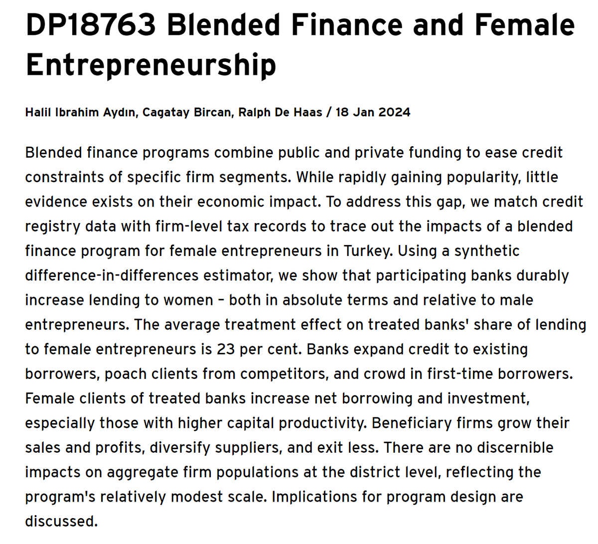 🌟New working paper on 'Blended Finance and Female Entrepreneurship' (🧵1/n) w/ @hiaydin, @cagataybircan Link: cepr.org/publications/d… @cepr_org @EBRD @LeuvenEconomics @FEBkuleuven