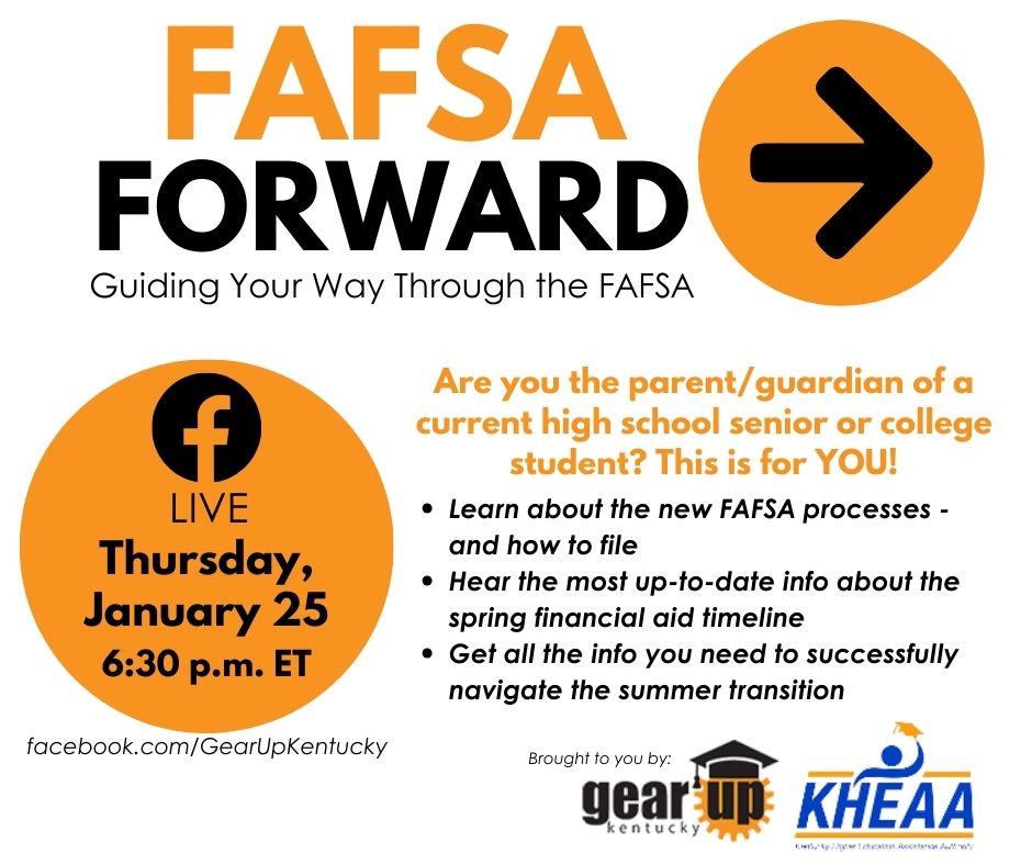 TONIGHT!!! If you're a PARENT/GUARDIAN of a HS SENIOR &amp;/or a COLLEGE STUDENT, join GEAR UP KY &amp; <a href="/MacKenzie_KHEAA/">MacKenzie Massey</a> at 6:30 p.m. ET for all the #FAFSA info you need to know! Go to GUK's FB page for this 1-hour event: facebook.com/GearUpKentucky #GEARUPworks <a href="/CPENews/">Kentucky Council on Postsecondary Education</a> <a href="/cpepres/">Dr. Aaron Thompson</a> <a href="/KHEAA/">KHEAA</a>