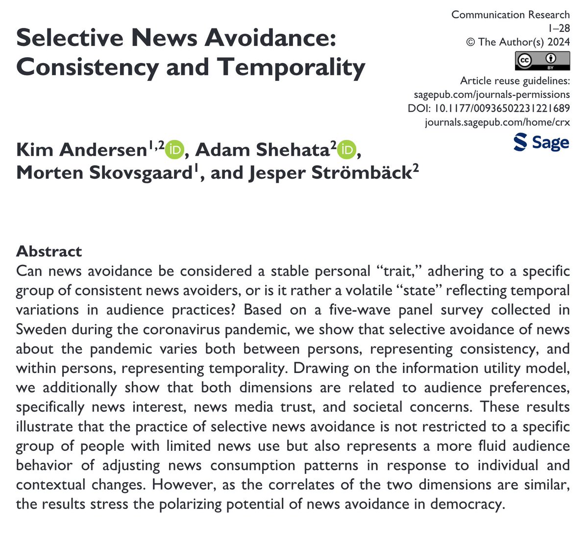 New pub with Shehata, @Mo_Skovsgaard and @JesperStromback Is news avoidance a personal “trait,” adhering to a group of consistent news avoiders, or is it rather a volatile “state” reflecting temporal variations in audience practices? Our answer: both! doi.org/10.1177/009365…