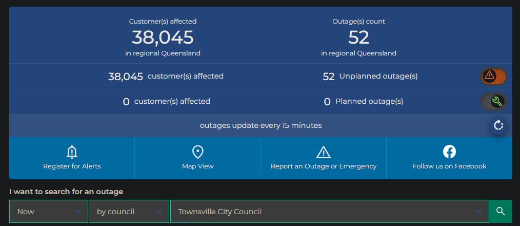 TyphoonTCX's tweet photo. Here are the latest power outage numbers due to Cyclone #Kirrily in different areas, from @ErgonEnergy: 

#Townsville: 38,045
#Burdekin: 8,705
#ChartersTowers: 1,113
#Cairns: 104
#Hinchinbrook: 601
#Tablelands: 76
#Whitsunday: 302

#CycloneKirrily #tropics #wxtwitter https://t.co/7ct60nu6Ia