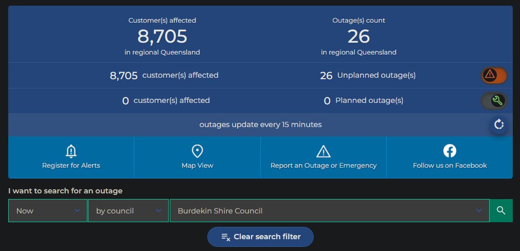 TyphoonTCX's tweet photo. Here are the latest power outage numbers due to Cyclone #Kirrily in different areas, from @ErgonEnergy: 

#Townsville: 38,045
#Burdekin: 8,705
#ChartersTowers: 1,113
#Cairns: 104
#Hinchinbrook: 601
#Tablelands: 76
#Whitsunday: 302

#CycloneKirrily #tropics #wxtwitter https://t.co/7ct60nu6Ia
