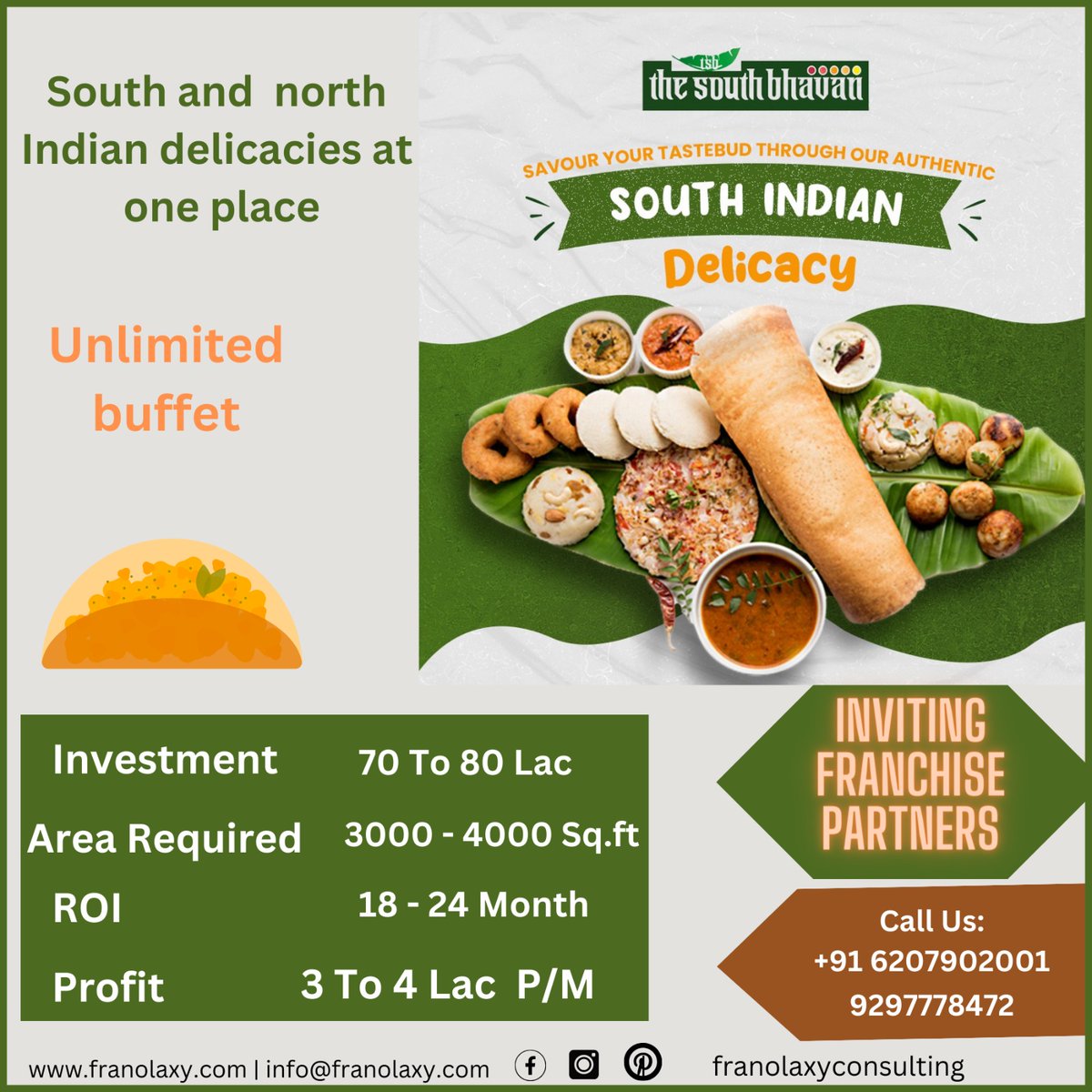 Dosawala Inviting Franchise Partners in India
Start Your Own Authentic South Indian Restaurant
Call us at +91 6207902001 or email us at info@franolaxy.com
#foodfranchise #southindianfoodfranchise #southindianrestaurant #dosawalafranchise #StartYourOwnBusinessNow #StartBusiness