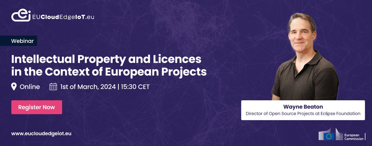 📢Join us with Wayne Beaton @EclipseFdn in this webinar on #IntellectualProperty and #Licences in the Context of #European #Projects. 

📅 1st March 2024, 15:30 CET (Online)
🔗 eucloudedgeiot.eu/event/intellec…

#opensource #IPR #copyrightprotection #OSS