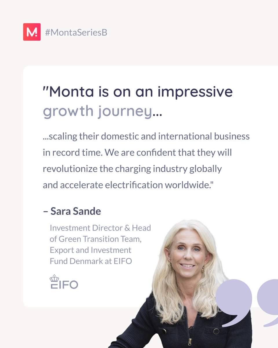 We’re still super happy about our #SeriesB funding round! 🚀 Sara Sande, one of our investors from @Eifo_fond on Monta's electrifying growth and global impact is quoted below! buff.ly/42ankzS #MontaSeriesB #EVbetter