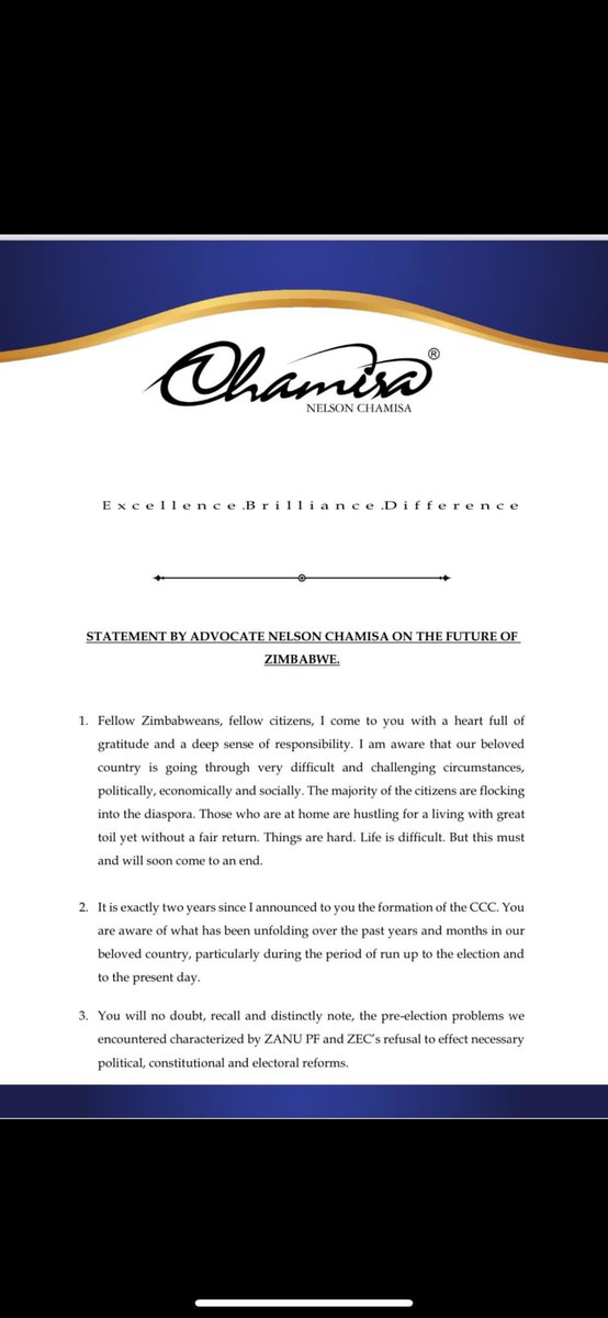 Advocate Nelson Chamisa has left Citizens Coalition For Change CCC, a party he formed 2 years ago. It's not clear what is his next move but insiders say another new party led by Chamisa will be launched soon. What happens to all the CCC Mps and Senators is everybody's guess