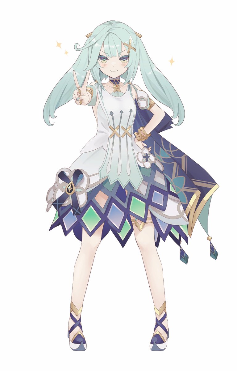 faruzan (genshin impact) 1girl solo dress white background hand on hip aqua hair hair ornament  illustration images