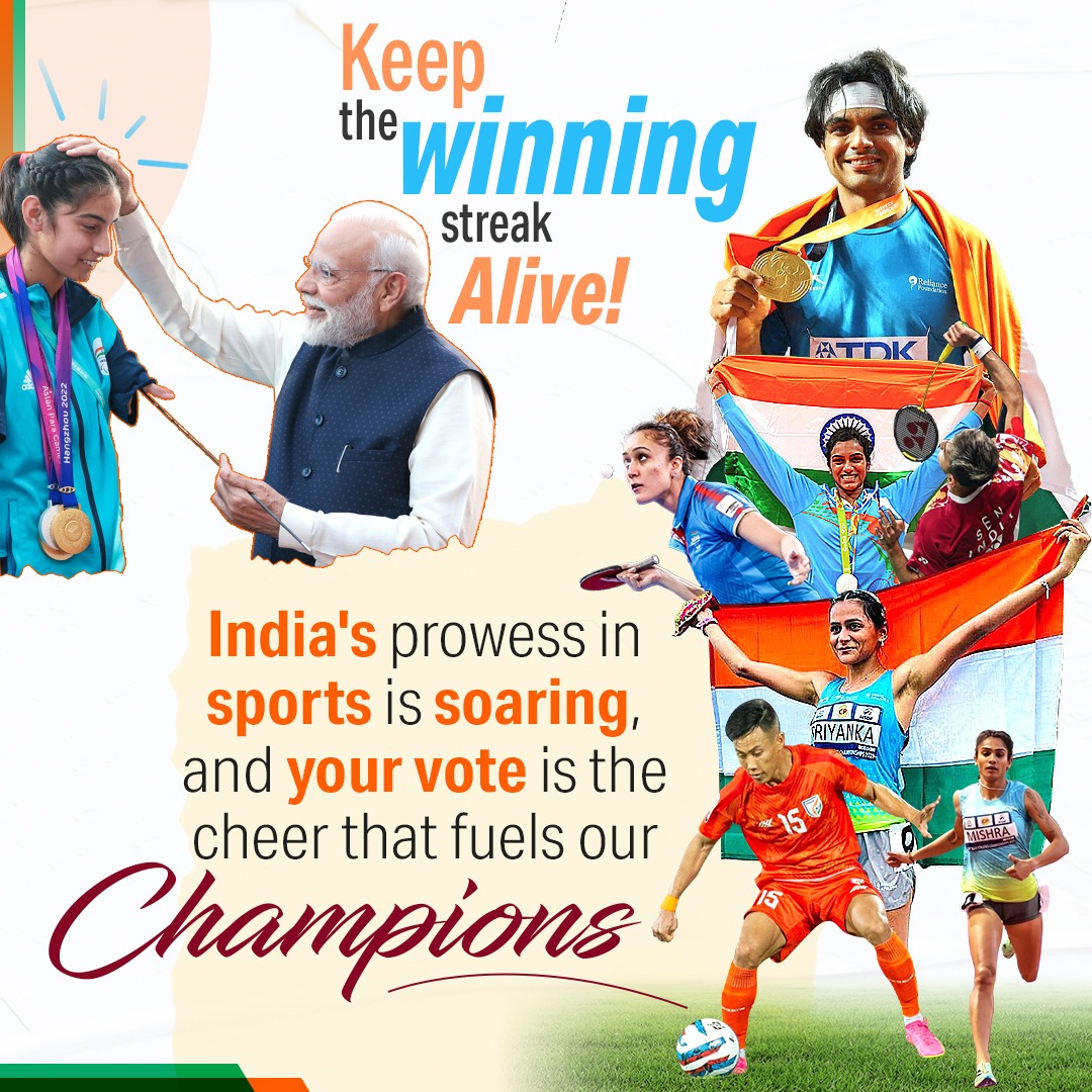 BJP4India's tweet image. India&apos;s medal tally at the Asian Games 2023 stood at 107, a giant leap from the 70 medals bagged in the previous edition. Sports and other youth activities have been one of the cornerstones of the Modi Govt since 2014.

#NamoNavMatdata