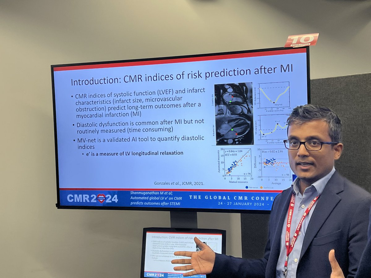 Excellent series on AI and ML approaches in CMR. Here was a great talk by @MayooranShan on risk prediction for patients using CMR indices after MI @Sarah_Moharem #CMR2024