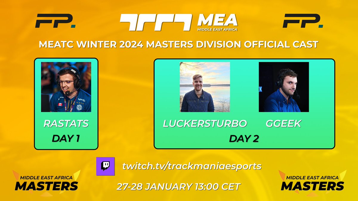 MEA Trackmania (@mea_trackmania) on Twitter photo We are proud to announce our casters for this weekend on the Masters Division!
27-28th January 13:00 CET @ twitch.tv/trackmaniaespo…
Day 1 Cast <a href="/Rastats_/">Rastats</a>
Day 2 Cast <a href="/LuckersTurbo/">LuckersTurbo</a> <a href="/TMGGeek/">Thomas 'GGeek' Mengozzi</a>
Make sure to tune in! We are proud to announce our casters for this weekend on the Masters Division!
27-28th January 13:00 CET @ twitch.tv/trackmaniaespo…
Day 1 Cast <a href="/Rastats_/">Rastats</a>
Day 2 Cast <a href="/LuckersTurbo/">LuckersTurbo</a> <a href="/TMGGeek/">Thomas 'GGeek' Mengozzi</a>
Make sure to tune in!