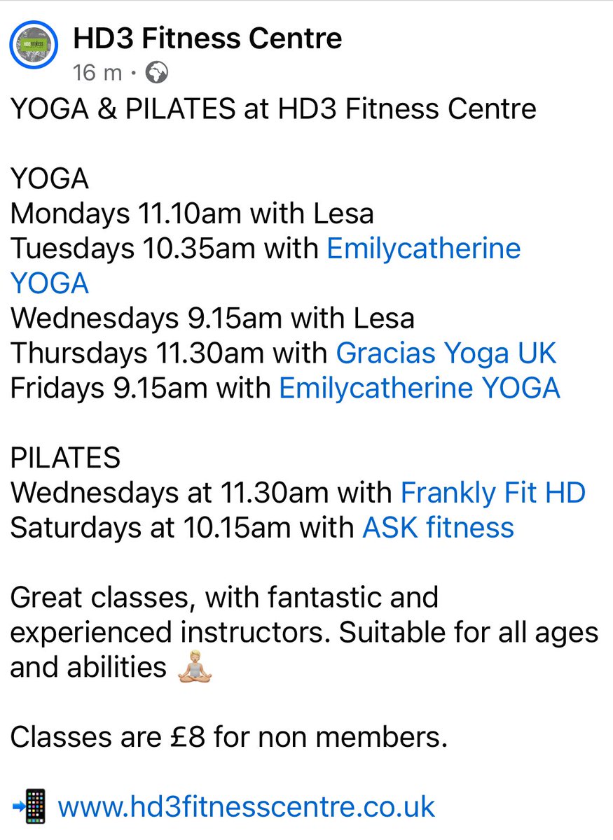 Yoga and Pilates <a href="/HD3Fitness/">HD3 Fitness Centre</a> Centre.
Contact info@hd3fitnesscentre.co.uk for more details.