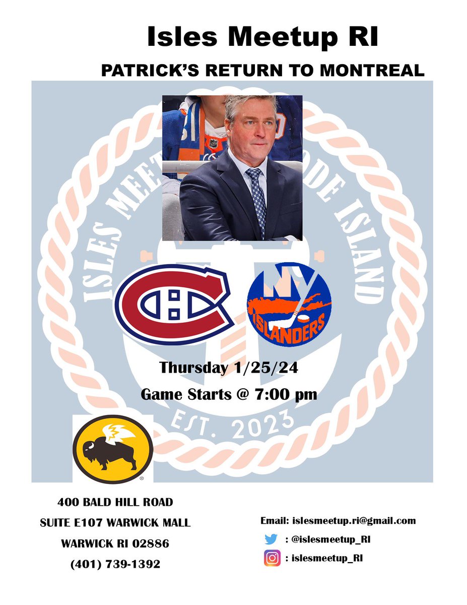 islesmeetup_RI's tweet image. Come join us tonight at Buffalo Wild Wings in Warwick RI and route for the NY islanders and against Montreal. All hockey fans welcome #nyisles #isles #islesmeetups #warwIckri #buffalowildwings #RhodeIsland #montrealcanadians