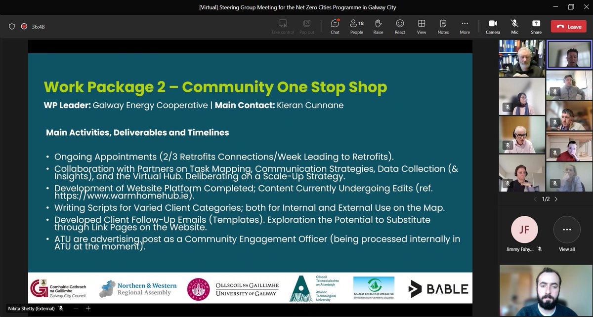 Just under 20 public and private sector partners attended the 2nd steering group of the Net Zero Cities Programme of Galway City. 

Partners provided updates regarding the Warm Home Hub  in the Westside, the retrofit skills programme and other key areas. 🏘