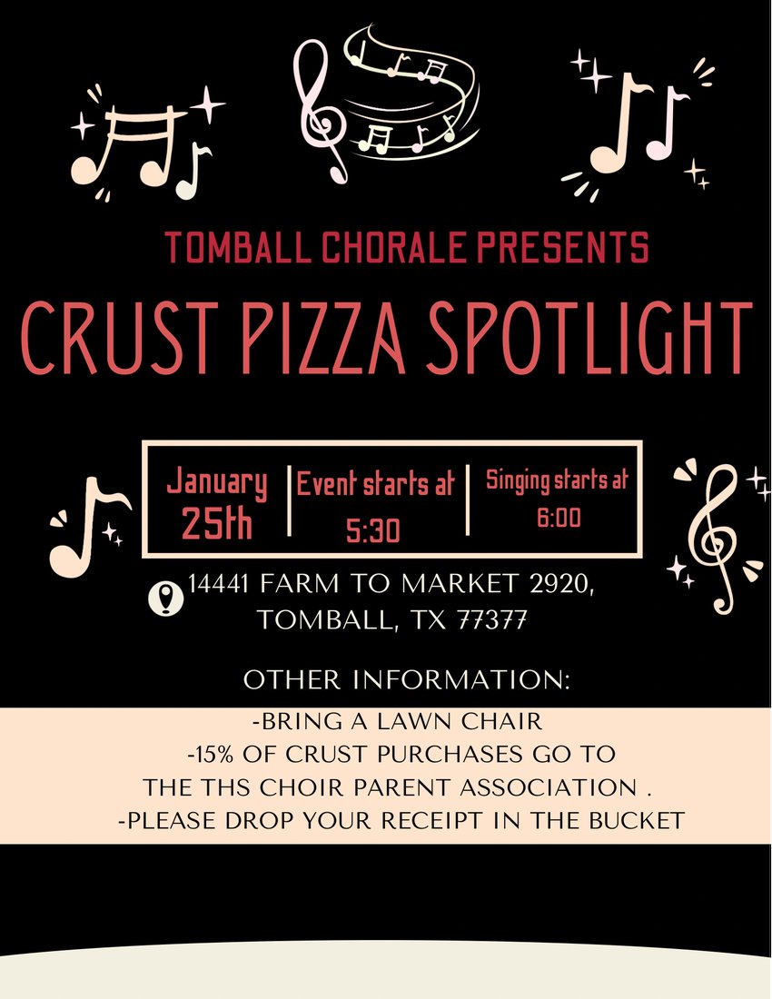 TomballHSChoir's tweet photo. The THS Chorale  will present a spotlight spirit night performance tonight Crust Pizza in Tomball. Come listen to music from across the decades including George Straight, A Ha, Journey, Abba and much more. https://t.co/BgboHvoDq2
