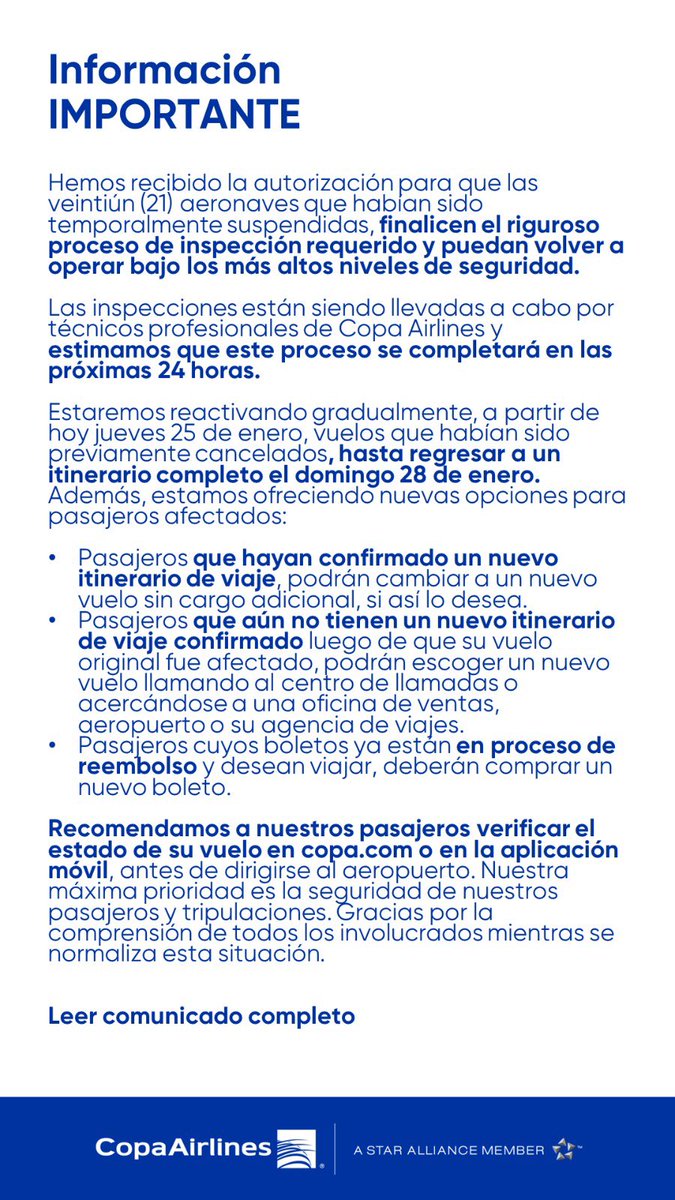 CopaAirlines's tweet photo. Importante: Más información acerca de la autorización de inspección de las 21 aeronaves. 
Leer el comunicado completo aquí: https://t.co/8vRT4GNo6e https://t.co/2SqDCLq2vC