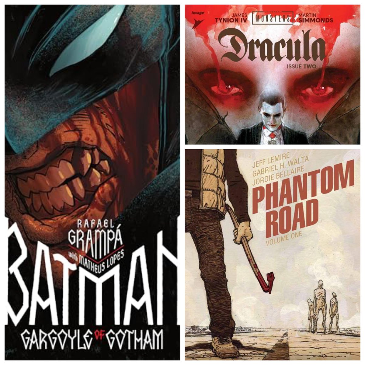 3 books I've read recently that knocked it out of the park: -Batman: Gargoyle of Gotham by Raphael Grampa -Dracula by @JamesTheFourth and @Martin_Simmonds -Phantom Road by Jeff Lemire and @ghwalta What are your over-the-top reading at the moment? Let's spread some love!