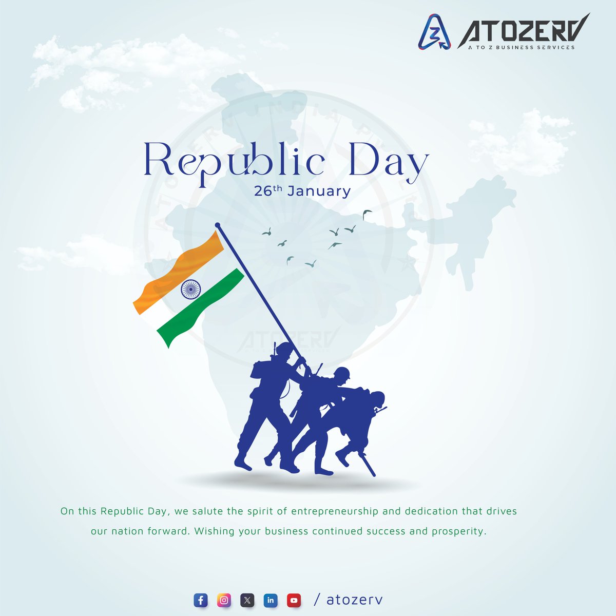 atozerv's tweet photo. On this Republic Day, we salute the spirit of entrepreneurship and dedication that drives our nation forward. Wishing your business continued success and prosperity.
#atozerv #RepublicDay #India #Salute #ProudlyIndian https://t.co/dSFvDbwVeJ