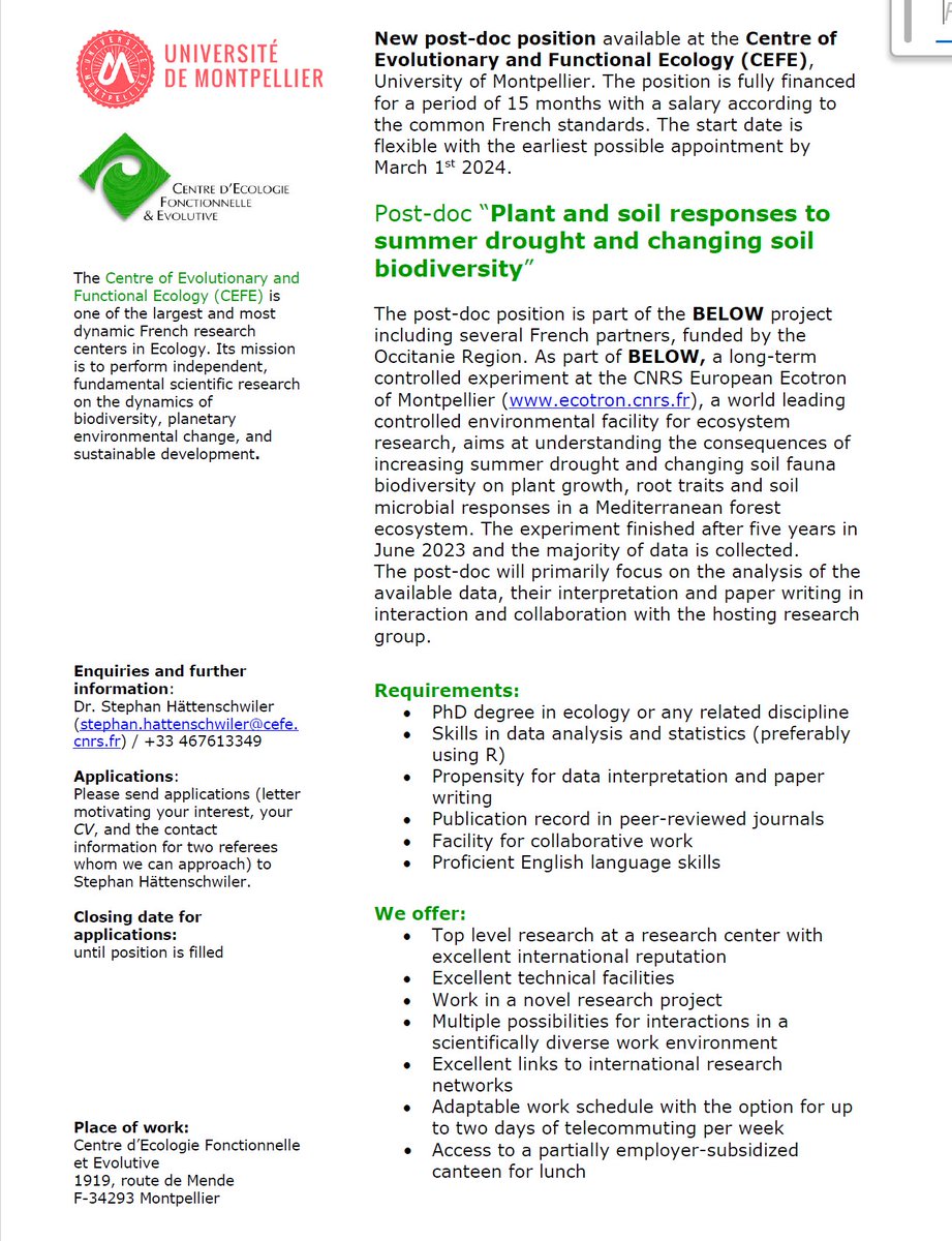 Ecotron CNRS (UAR-3248) (@ecotroncnrs) on Twitter photo 📢#JobOpportunity 🌿
We are thrilled to announce a #Postdoctoral position available @cefemontpellier in collaboration with <a href="/EcotronCNRS/">Ecotron CNRS (UAR-3248)</a>. An exceptional opportunity for early-career scientists eager to work with the results from a cutting-edge facility. Spread the word! #ecotron 📢#JobOpportunity 🌿
We are thrilled to announce a #Postdoctoral position available @cefemontpellier in collaboration with <a href="/EcotronCNRS/">Ecotron CNRS (UAR-3248)</a>. An exceptional opportunity for early-career scientists eager to work with the results from a cutting-edge facility. Spread the word! #ecotron