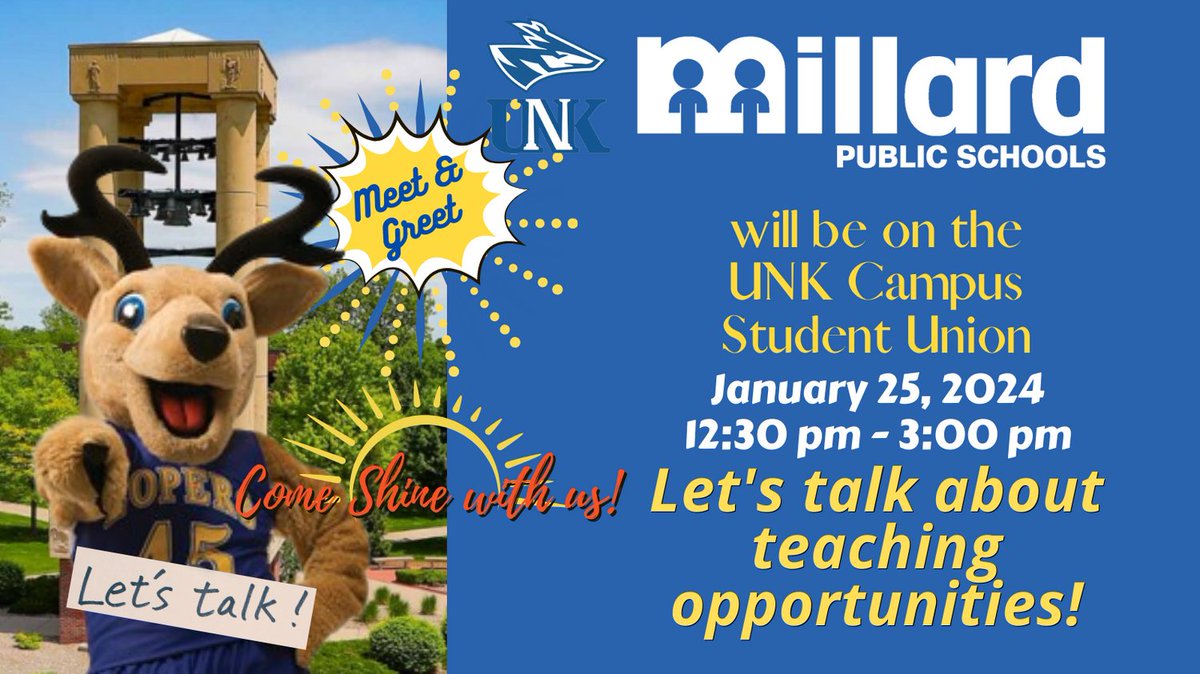 Millard Public Schools will be at UNK to meet Teacher Candidates! We are hiring for the 2024-2025 school year and are so excited to meet you! #SHINEwithMPS #Proud2bMPS @MPSHR #hiringteachers @UNKearney #BeBlueGoldBold