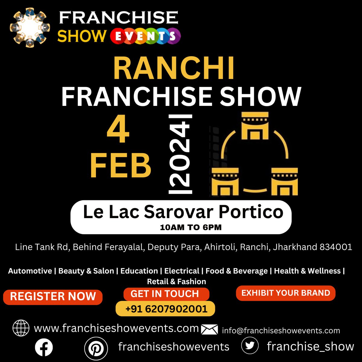 franchise_show's tweet photo. Unlock unlimited business opportunities at the #RanchiFranchiseShow happening on 4th Feb (10 am - 6 pm) at Le Lac Sarovar Portico, Ahirtoli, Ranchi, Jharkhand 834001
Book Your Appointment With Us: 7903082134
#Ranchievents #Ranchifranchiseshow #Ranchishow #Ranchievents https://t.co/ONi5ysmiHx