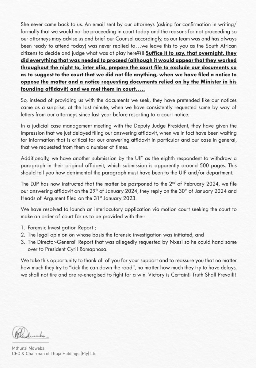 There is the media statement from today’s #Pretoria #HighCourt #ThujaHoldings <a href="/deptoflabour/">Department of Employment and Labour</a> <a href="/UIFBenefits/">UNEMPLOYMENT INSURANCE FUND (UIF)</a> <a href="/NxesiThulas/">Thulas Nxesi</a> <a href="/PresidencyZA/">The Presidency 🇿🇦</a> <a href="/CyrilRamaphosa/">Cyril Ramaphosa 🇿🇦</a> Pls note media houses - Thuja Holdings CEO NOT Thuja Capital <a href="/Nu_Edison/">ʟɪɢʜᴛʜᴇʀᴀᴘʏ ⚡️</a> <a href="/SundayWorldZA/">Sunday World News</a> <a href="/SABCNews/">SABC News</a> <a href="/eNCA/">eNCA</a> <a href="/NewzroomAfrikaa/">Newzroom Afrika</a> <a href="/DenysJan/">Jan Denys</a>