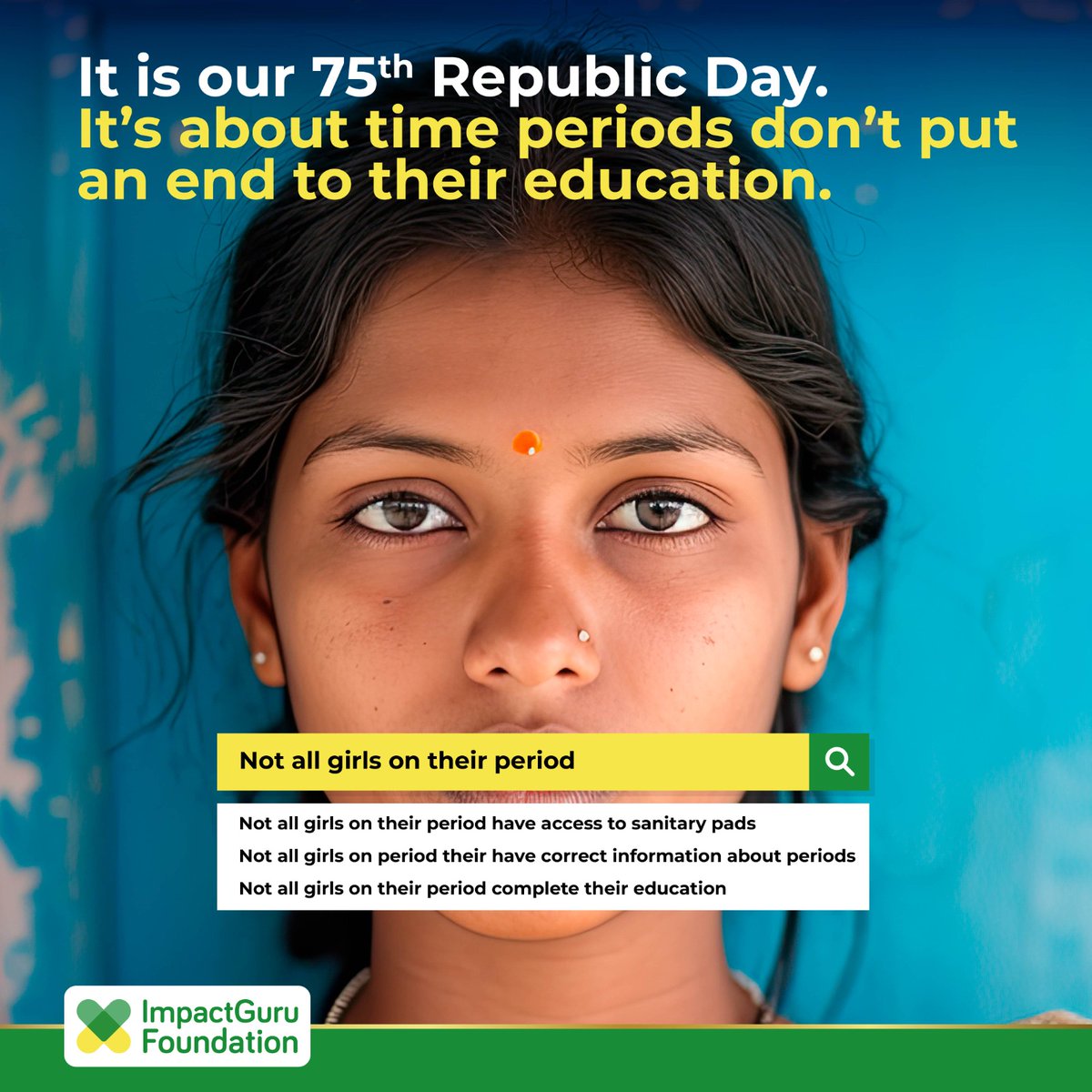 This 75th Republic Day, break the silence around periods. Your donation for our menstrual hygiene kits not only provides essentials but helps shatter the stigma. Do your bit for change!

#ImpactGuruFoundation #RepublicDay #WomenEducation #WomenRight #PeriodPoverty #EndStigma