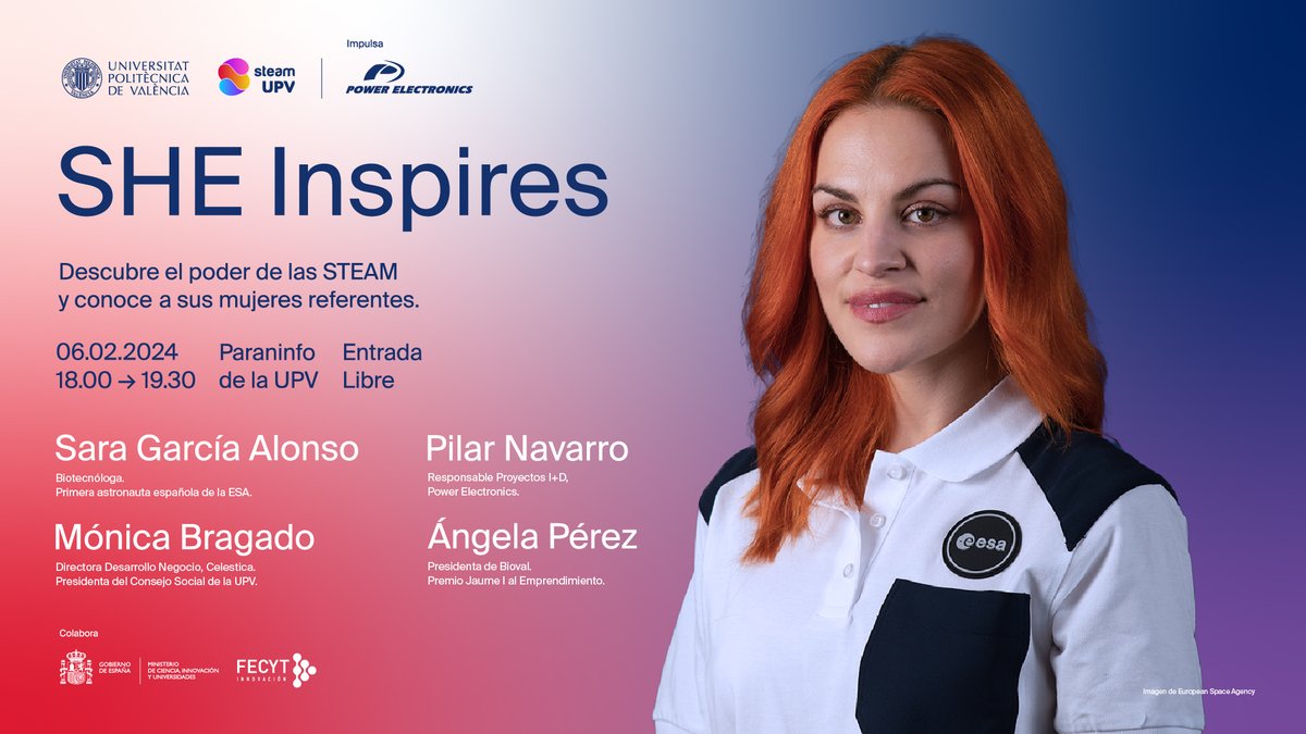 👩‍🚀 Sara García Alonso, <a href="/Astro_SaraG/">Sara García Alonso</a>, la primera astronauta española, en la <a href="/UPV/">Universitat Politècnica de València</a> ‼

📅 6 febrero
🕐 18:00 h
📍 Paraninfo UPV

🎟 ¡Entrada libre previa inscripción!
docs.google.com/forms/d/e/1FAI…

🚀 Organiza: <a href="/UPV/">Universitat Politècnica de València</a> 
👩‍🔬 Patrocina e impulsa: <a href="/PE_EasyToDrive/">Power Electronics</a>