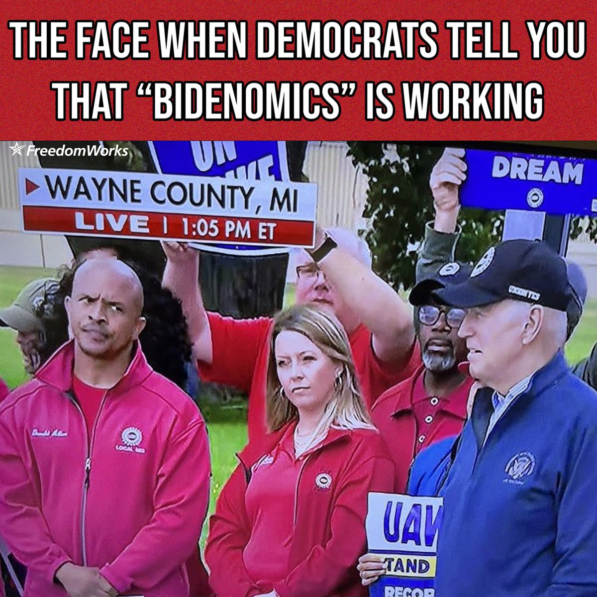 @JoeBiden x.com/rncresearch/st… Fake Audio Cheering, a dozen paid cringy actors and some sort of billboard type photo of who knows, PUTRID 🤮 and funny 🤣😂🤣 UAW 12 minute photo op on the picket 🪧🤡