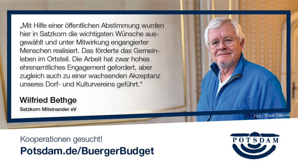 #Potsdam|s #Bürgerhaushalt wird 2024 um #BürgerBudgets ergänzt. Damit können in den Stadt-&amp; Ortsteilen Nachbarschafts-Projekte realisiert werden. Interessierte Bürgerhäuser, Orts- und Stadtteilräte, Netzwerke oder Vereine können sich bis 4.2.2024 bewerben Potsdam.de/BuergerBudget