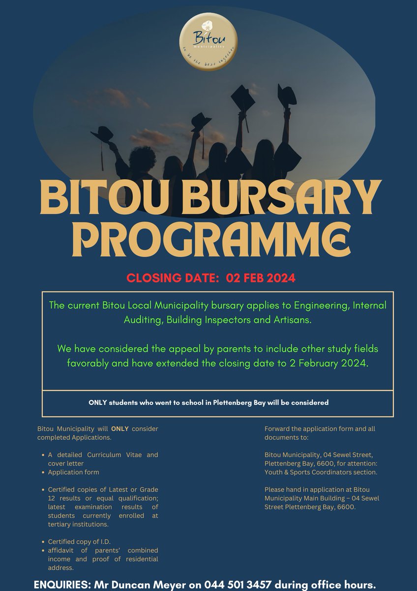 JUST IN | Bitou Bursary closing date extended to 2 Feb 2024 and the scope of the bursary is extended to ALL fields. 

#Fees #Bursary2024 #Funding #BitouUpdates #UniversityFunding #Registration