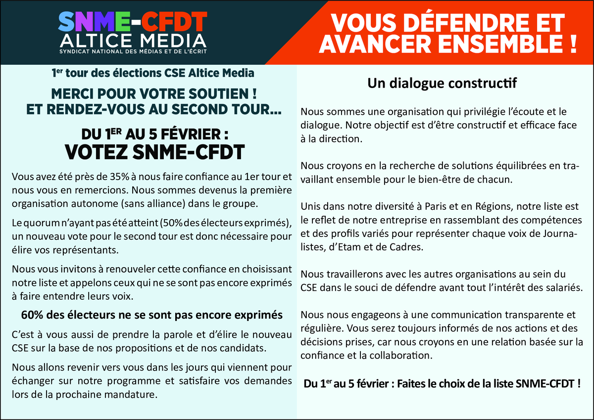 Bonjour 😉 Voici notre appel à la mobilisation pour le second tour des élections ! Toujours sur la base des axes forts de notre programme :  Le pouvoir d’achat avec une revendication de 10% d’augmentation pour tous !