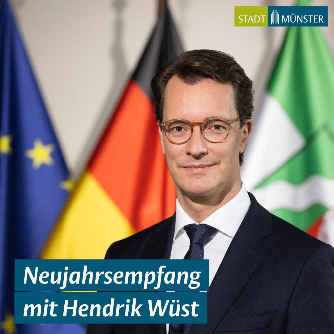 Hendrik Wüst ist Festredner beim traditionellen Neujahrsempfang der Stadt Münster. Am Montag, 29. Januar, um 18 Uhr begrüßt OB @lewemarkus den NRW-Ministerpräsidenten im Rathausfestsaal. Eingeladen sind alle Bürgerinnen und Bürger. ➡️ stadt-muenster.de/aktuelles/pm-d…