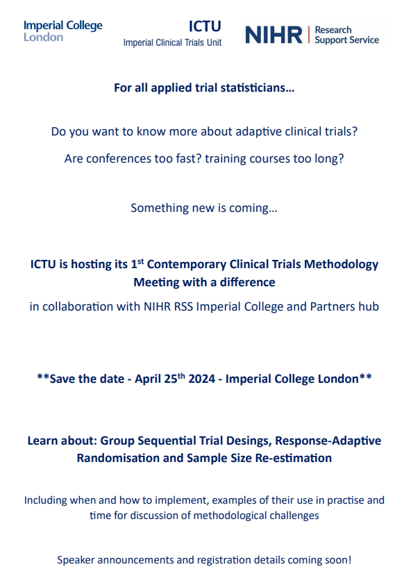 *Something new is coming!* ICTU is hosting its 1st Contemporary Clinical Trials Methodology Meeting with a difference for trial statisticians 🗓️SAVE THE DATE 25th April 2024🗓️ Speaker announcements and registration details coming soon!