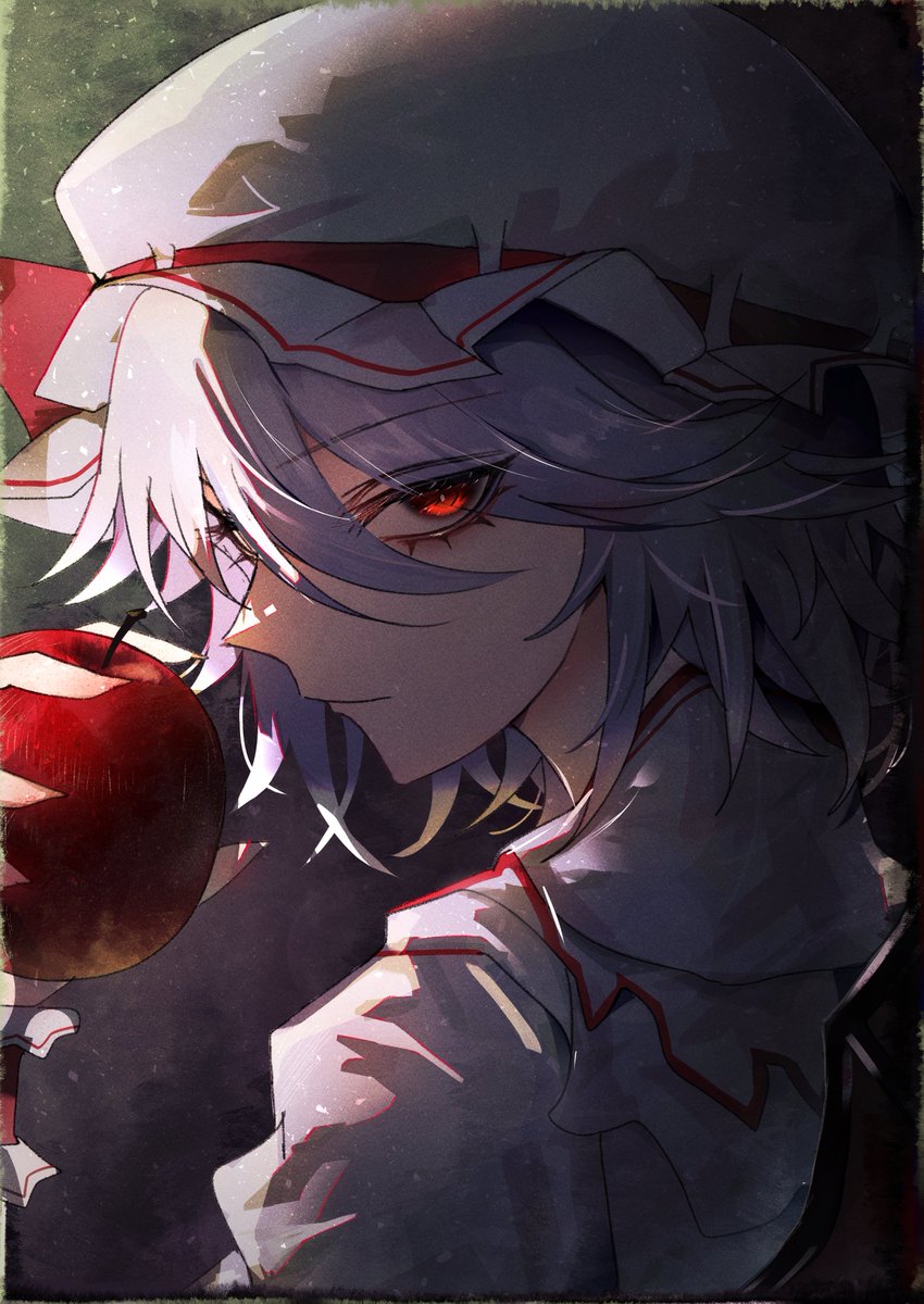 remilia scarlet 1girl red eyes hat food solo fruit apple  illustration images