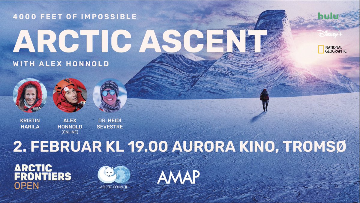 <a href="/ArcticCouncil/">Arctic Council</a> <a href="/arcticfrontiers/">Arctic Frontiers</a> and <a href="/AMAP_Arctic/">AMAP</a> are proud to announce:

The premiere of <a href="/NatGeo/">National Geographic</a> Arctic Ascent!

📅Date: February 2nd
⏱️Time: Doors open at 18:45, event start at 19:00
📍 Location: Aurora Kino Fokus Tromsø

Register for free here:
fokus.aurorakino.no/showtime/8-846…