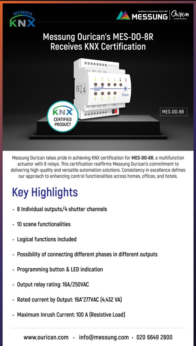 farookmerchant's tweet photo. Messung Systems is pleased to announce that we have successfully received the KNX certification from https://t.co/yBG5uJ2b97 for the 8 point universal actuator which is part of OURICAN range of Home automation products. For further details please visit https://t.co/mdDBeUR8Qd https://t.co/Rb8iMugMed