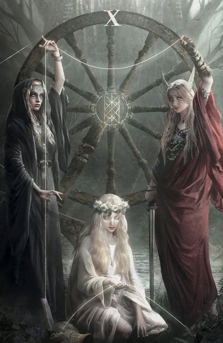 In Norse mythology, fate is determined by female beings called the Norns. The Norns spin the threads of fate, and therefore they have the power to shape the destinies of both gods and humans. 

Art by Jack Sephiroth