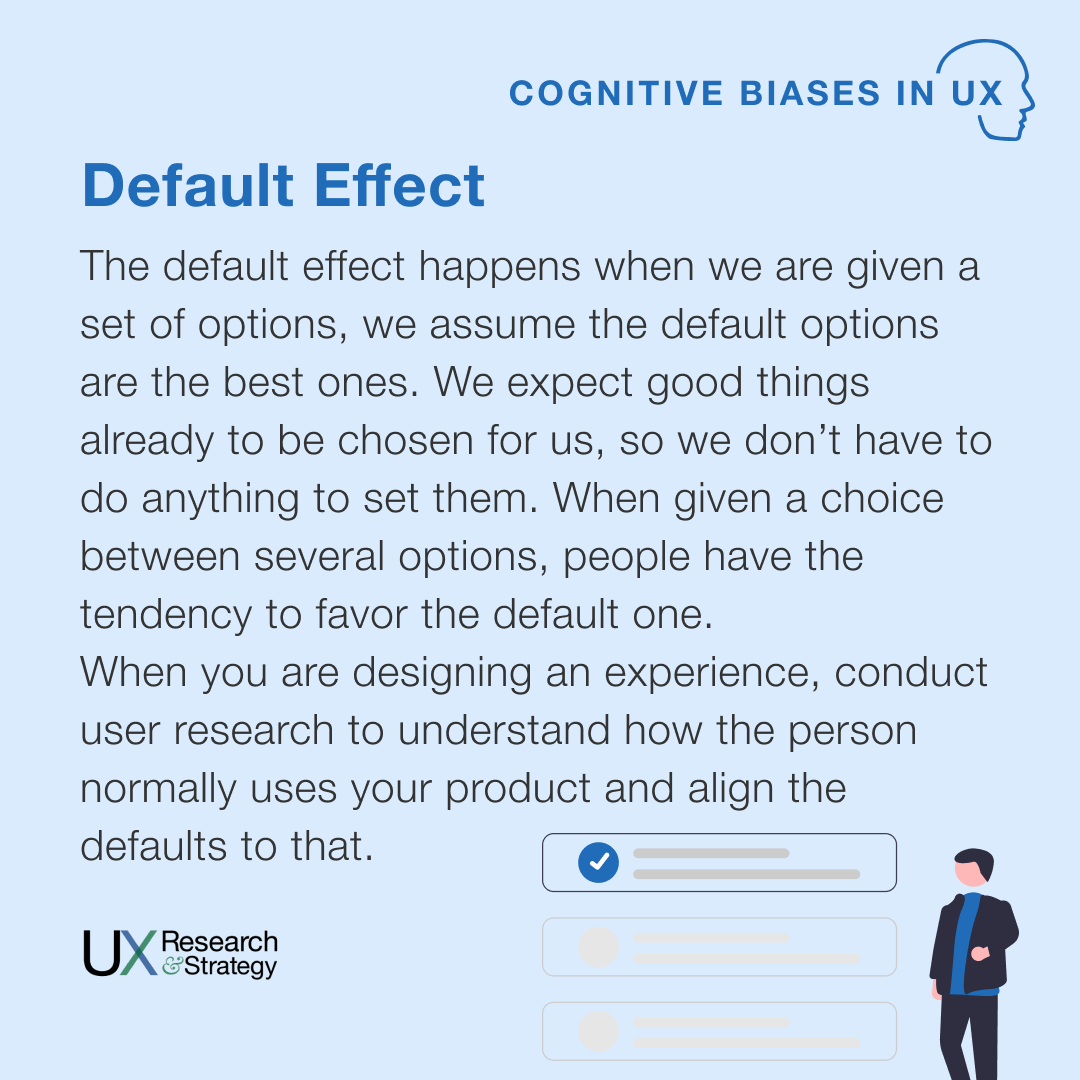 ux_and's tweet photo. The default effect happens when we are given a set of options, we the default options are the best ones. We expect good things already to be chosen for us, so we donβt have to do anything to set them.
#uxd #cognitivebias #cognitive #bias #uxrs #ux101 #cx #ux #uxlearning https://t.co/dJbPfTRJhL