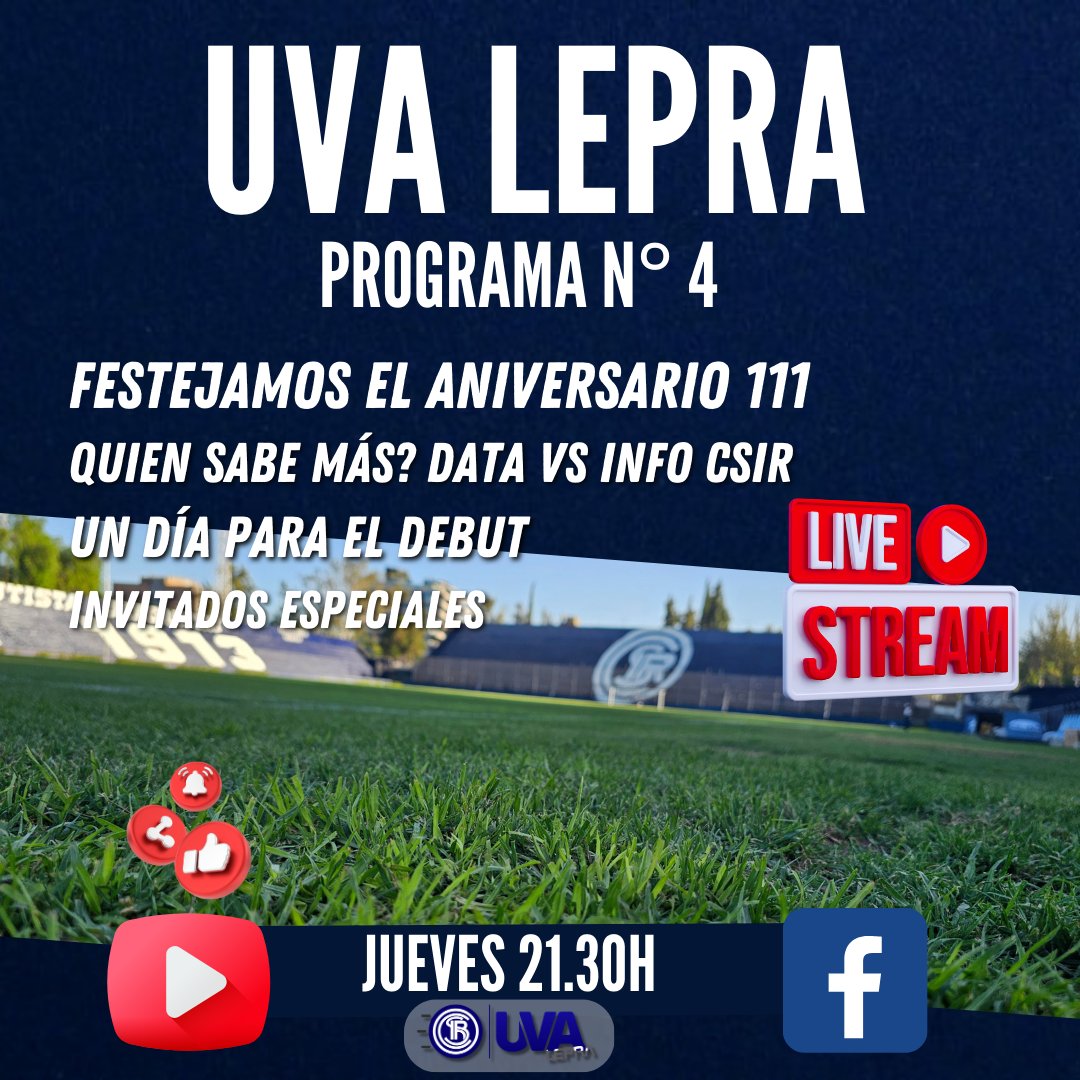 Hoy festejamos el aniversario y tendremos tres invitados de lujo!!

<a href="/nach_villarroel/">Juani Villarroel 🌟💙🐵</a>
<a href="/info_csir/">INFO CSIR ⭐🏆🇦🇷</a> 
<a href="/betosalgadoCSIR/">Beto</a>

También el duelo de conocimiento entre:
<a href="/DataLeprosa/">Data Leprosa</a> vs <a href="/info_csir/">INFO CSIR ⭐🏆🇦🇷</a> 

Más toda la info del club a un día del debut.