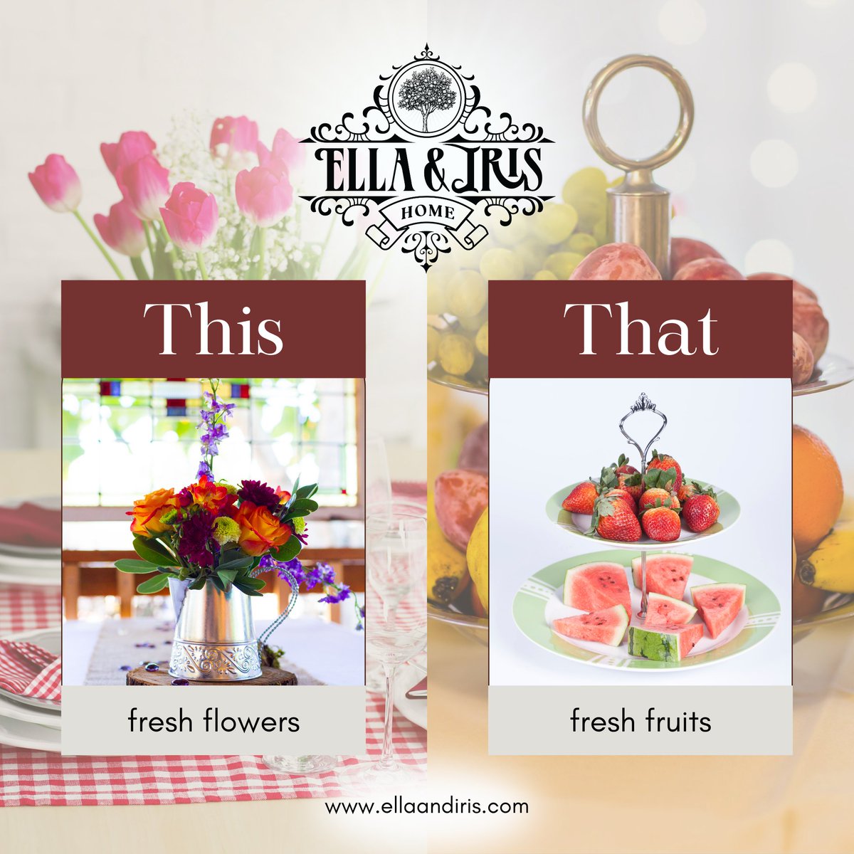 It's #ThisOrThatThursday! What takes the spotlight on your table – the sweet aroma of fresh flowers or the vibrant colors of fresh fruits? 

#EllaAndIrisHome #HomeFragrance #HomeRefresh #HomeAmbiance #ThisOrThatThursday #Tablesetting #Tablecenterpiece #Freshflowers #Freshfruits